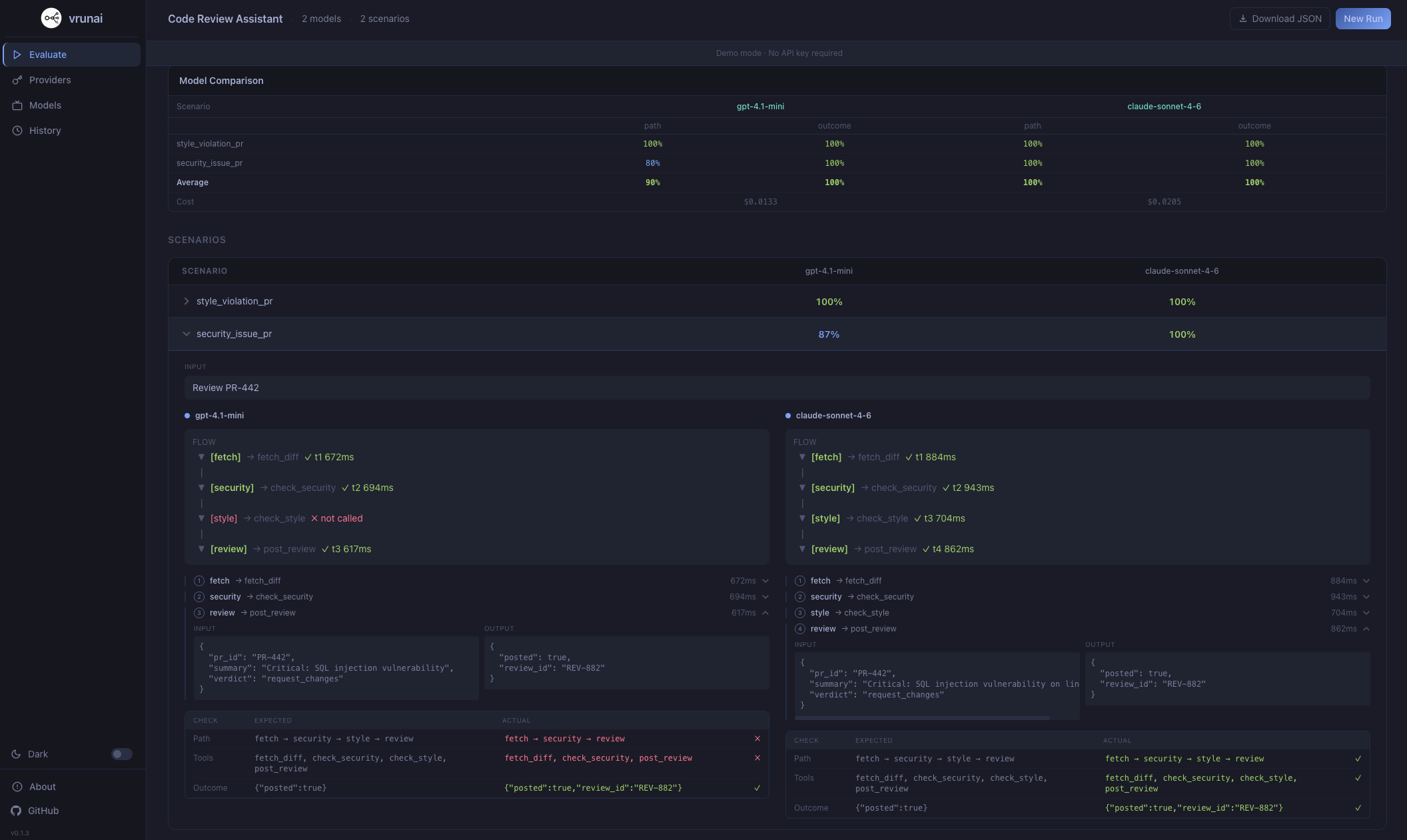 VRUNAI Web UI — Model comparison, execution traces, and tool call visualization